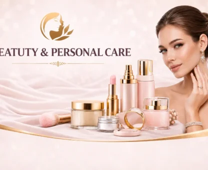 Beauty & Personal Care products, including lipstick, creams, and makeup, with a model