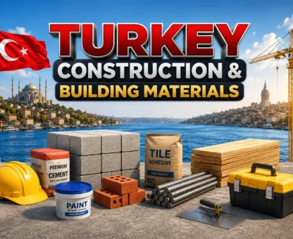 Turkish construction materials and flag, promoting aktif ihracat.