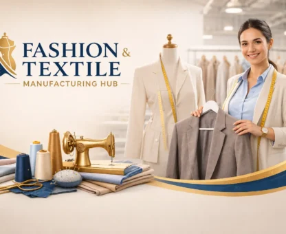 Fashion & Textile Manufacturing Hub logo, sewing machine, and woman holding a jacket