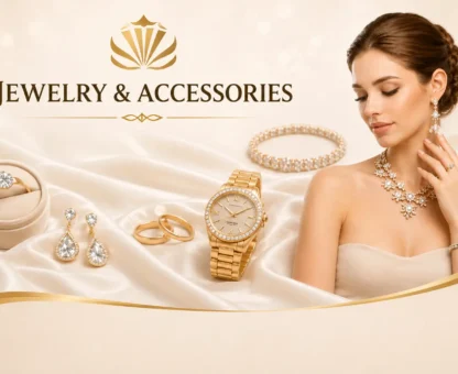 Elegant jewelry and accessories display: gold watch, rings, earrings, and necklace