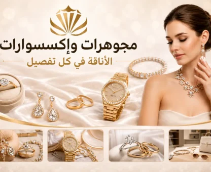 مجوهرات واكسسوارات فاخرة، ساعات، خواتم، قلائد، وأساور نسائية أنيقة.